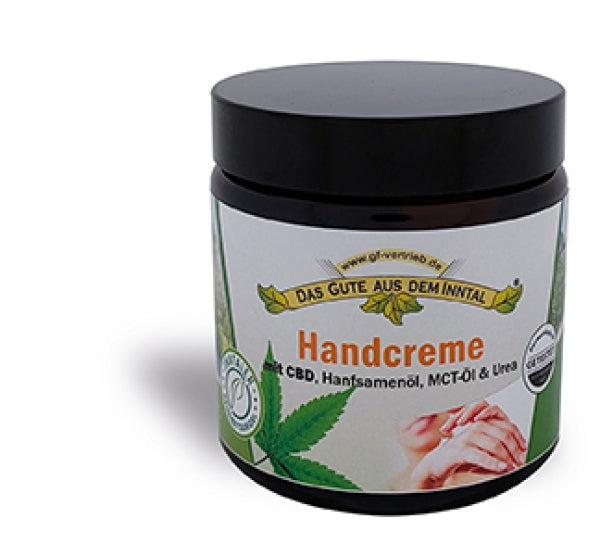 Handcreme mit CBD Hanfsamenöl, MCT-Öl & Urea im Glastiegel